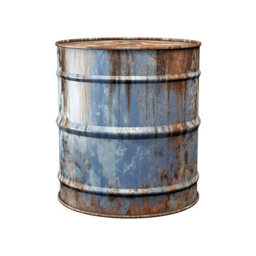 Old rusty blue steel oil barrel isolated on transparent a white background 