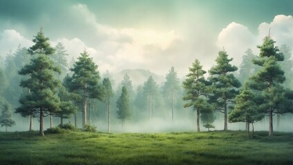 photo of a forest view with lots of misty green trees in the morning made by AI generative - Powered by Adobe