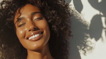Smiling woman with closed eyes radiant skin and voluminous curly hair basking in sunlight with her shadow cast on a white background.