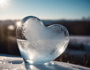 Beautiful ice heart covered with frost in the snow melting in the sunlight, ai generative