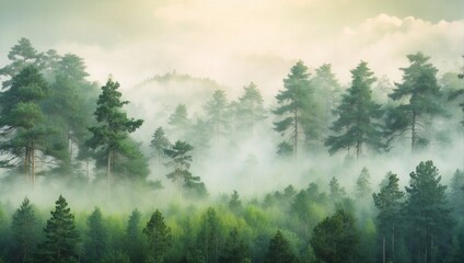 Fototapeta premium photo of a beautiful misty green tree forest view in the morning made by AI generative