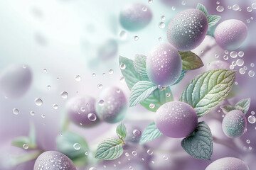 Fototapeta na wymiar lavender Easter eggs, green leaves and water drops in levitation. empty space. easter banner