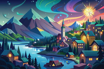 dream lovely anime cityscape. Mountain Village with sparkling lake, Aurora Borealis and fireworks. Beautiful island