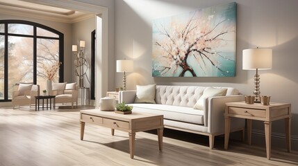 A welcoming entryway with creamy beige painted walls and night sky accent furniture