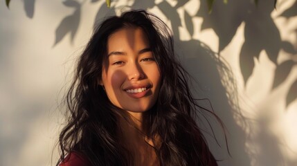 A young woman with long dark hair smiling gently with her face partially obscured by the soft shadows of leaves against a white wall.