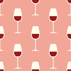 Glasses of wine seamless pattern. White and red icons on soft pink background. Best for textile, bar decoration, wallpapers, wrapping paper, package and web design.