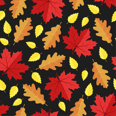 Fall vector seamless pattern. Red, yellow and orange autumn leaves on black background. Best for textile, wallpapers, wrapping paper, package and your design.