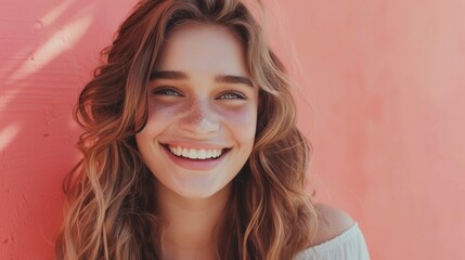Naklejka premium Young woman with radiant smile and freckles posing against a warm pink background exuding joy and natural beauty.