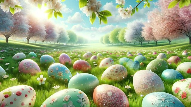Easter eggs with a colorful pattern on the grass with white sparkles.