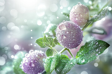  lavender Easter eggs, green leaves and water drops in levitation. empty space. easter banner