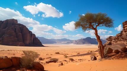 Fototapeta na wymiar Scenic views of Wadi Rum's arid terrain in southern Jordan.
