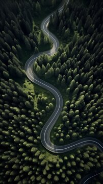 The highway winds through the forest. Landscape from a bird's eye view. High resolution