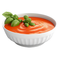 Tomato soup with basil in a bowl isolated on transparent background.