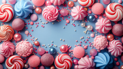 top view of various colorful sweets on light blue background. birthday or holiday. space for text