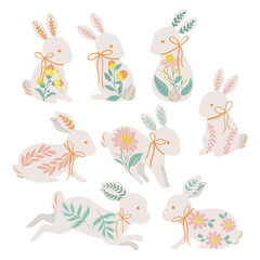 
Collection of folk art design elements.
Vector illustration with silhouette of Easter bunnies on a white background. Hand drawn folk flowers. Scandinavian traditional motif