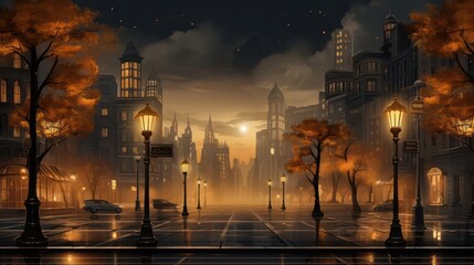 rain sky backdrop with ample copy space, illuminated by the warm and golden tones of city street lamps, creating a serene and enchanting atmosphere - obrazy, fototapety, plakaty