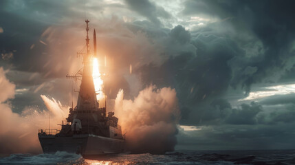 Missile being launched out of warship - obrazy, fototapety, plakaty