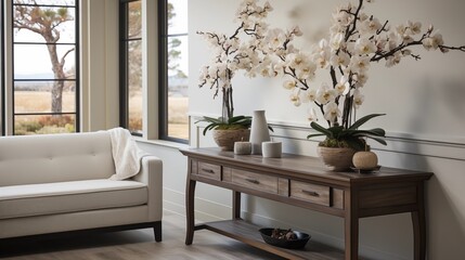 A welcoming entryway with light white painted walls and dark chocolate accent furniture