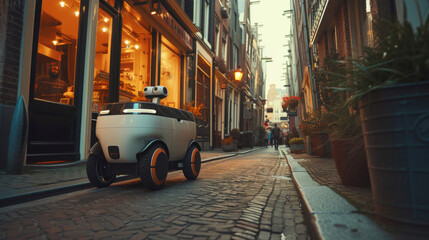 Fototapeta na wymiar Mobile robot delivering food on the street