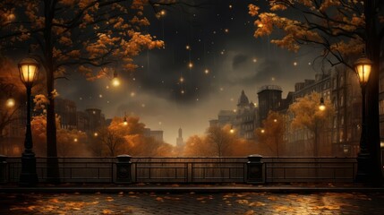 rain sky backdrop with ample copy space, illuminated by the warm and golden tones of city street lamps, creating a serene and enchanting atmosphere