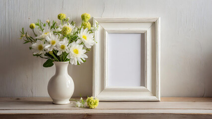Simple white empty picture frame in front of a light wall next to a vase of spring flowers - 3D rendering