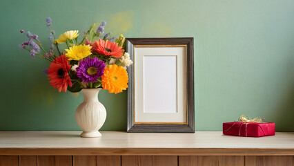 Empty picture frame in front of a light green wall next to a vase with spring flowers and a beautifully wrapped gift - 3D rendering