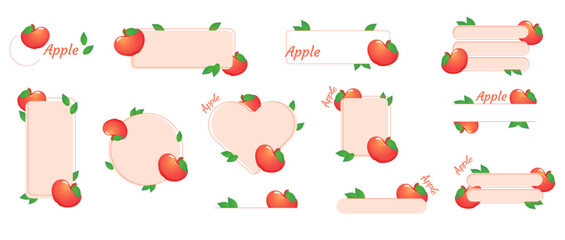 Set of 12 cute frames with apples. Flat illustration of fruits and berries.