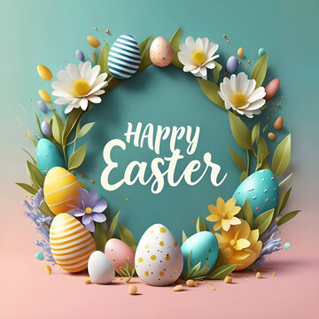 Happy Easter background with decorative eggs and flowers