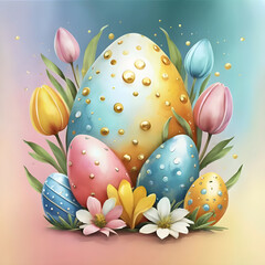 Happy Easter card with colorful eggs and flowers watercolor illustration