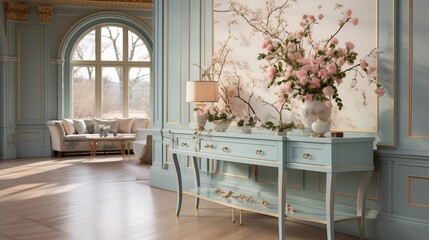 A welcoming entryway with pale gold painted walls and twilight blue accent furniture
