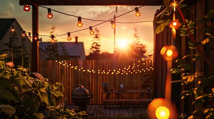 The garden area next to the house shines with sunlight in the evening.