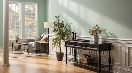 A welcoming entryway with pale mint painted walls and charcoal slate accent furniture