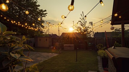 The garden area next to the house shines with sunlight in the evening.