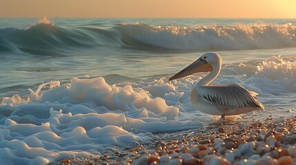 A pelican and the sea. - Powered by Adobe
