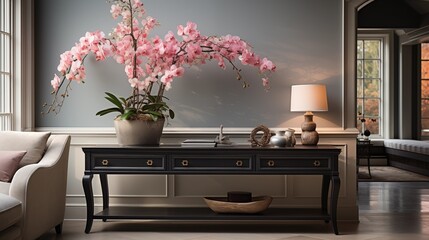 A welcoming entryway with pale ivory painted walls and deep slate gray accent furniture