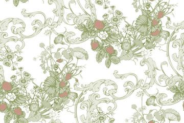 Strawberries and flowers. Seamless pattern. Suitable for fabric, mural, wrapping paper and the like. 