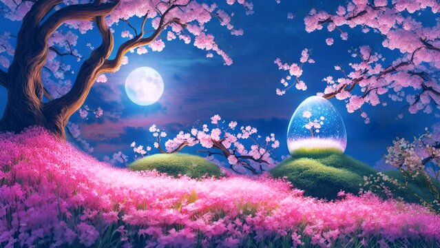 Magic egg with cherry blossoms on night landscape. Fairytale animation. Seamless 4k loop background