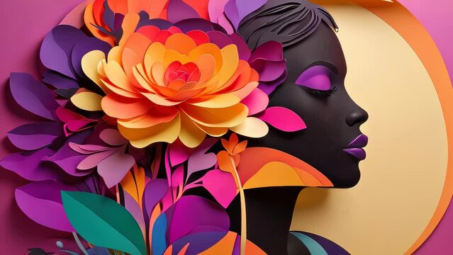 Animation video International Women's Day of colorful floral design with a blurred square in the middle. The flowers are intricately designed with multiple layers of petals in various shades