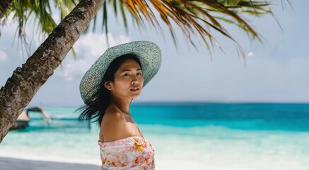young asian woman at the beach, holiday at the sea, happy summer vacation