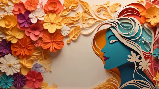 Animation video International Women's Day of  colorful and artistic representation of a woman’s profile surrounded by an array of vibrant, paper-crafted flowers and leaves