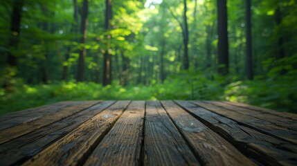 Empty wooden product display showcase stage with green forest nature background, for advertising, 3D rendering of realistic presentation, 3D, illustration, render