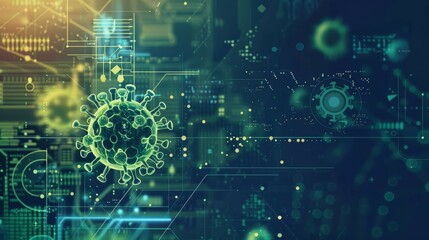 A graphic representation of a virus with a futuristic digital interface, indicating high-tech research and data analysis.