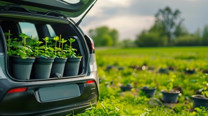 The trunk of a car opens to reveal pots of young plants, ready to be planted, against a backdrop of a lush green field. - obrazy, fototapety, plakaty