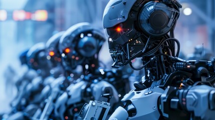 Fototapeta premium A line of sophisticated humanoid robots with glowing red eyes, set in a futuristic environment.
