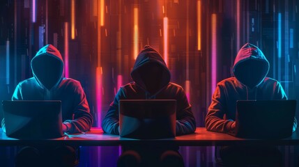 Three hooded figures in a dark room illuminated by neon lights, typing on laptops, suggesting cybercrime activity.
