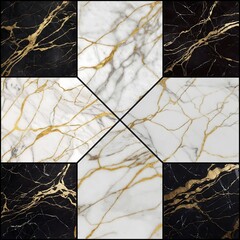 Black and white marble with gold veins wall tiles mosaic composition sample, white cross