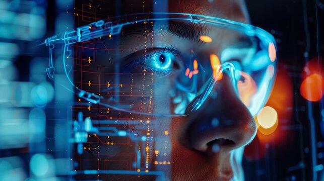 Close-up of a human eye experiencing an augmented reality interface with digital overlays.