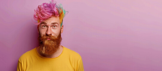 Surrealistic Style: Expressive Bearded Man with Colorful Curls. man with a beard, incredible colored curls in his hair. minimalistic pastel purple background. creative barber with an original style. - obrazy, fototapety, plakaty