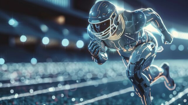 A football player depicted in a virtual reality environment, showcasing agility and futuristic sportswear.