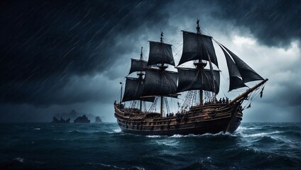 photo of a wooden ship with black sails sailing during a storm made by AI generative